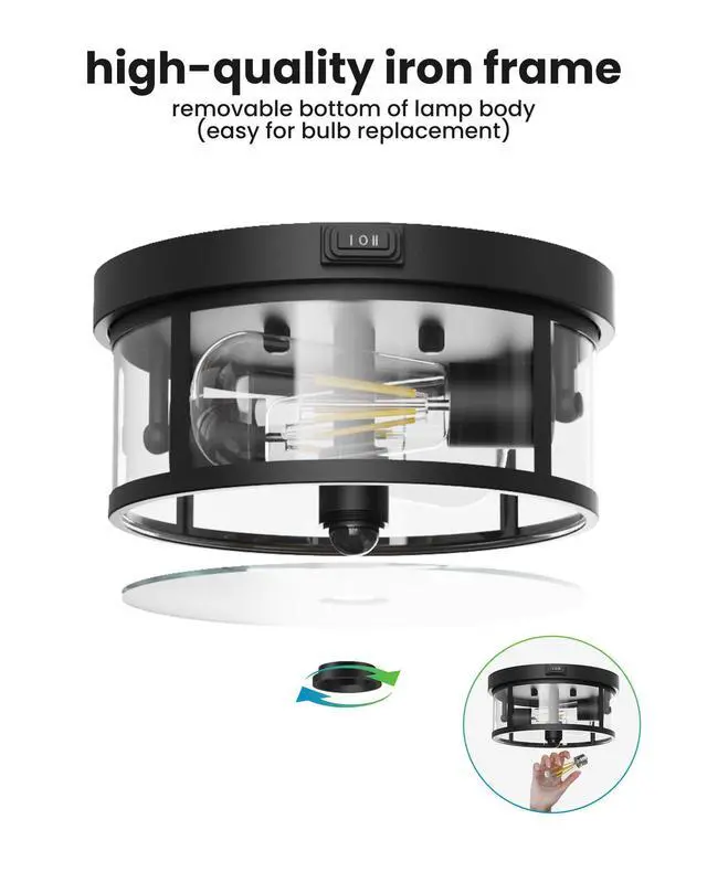 Alt view image 5 of 7 - Outdoor Flush Mount Ceiling Light - 12.5in Motion Sensor Porch Light, 2-Light E26 Socket, Durable Iron & Clear Glass, Light Fixtures for Porch, Driveway, Covered Patio, Farmhouse