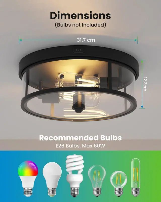 Alt view image 6 of 7 - Outdoor Flush Mount Ceiling Light - 12.5in Motion Sensor Porch Light, 2-Light E26 Socket, Durable Iron & Clear Glass, Light Fixtures for Porch, Driveway, Covered Patio, Farmhouse