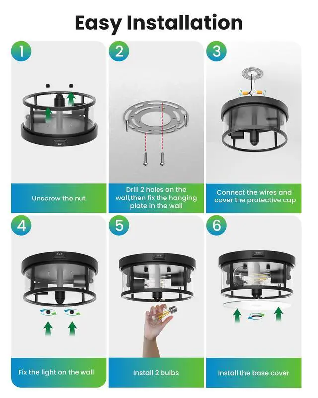 Alt view image 7 of 7 - Outdoor Flush Mount Ceiling Light - 12.5in Motion Sensor Porch Light, 2-Light E26 Socket, Durable Iron & Clear Glass, Light Fixtures for Porch, Driveway, Covered Patio, Farmhouse