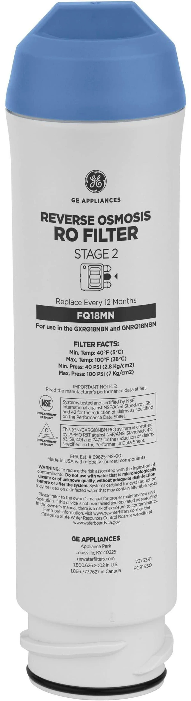 Main image of Membrane Filter Compatible with Select Under Sink Filtration Systems Including GXRQ18NBN, GNRQ18NBN, GXRV40TBN, Replace Every 12 Months, FQ18MN