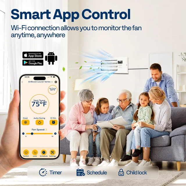 Alt view image 4 of 7 - Register Booster Fan - 4'' x 12'' Opening with Adjustable Louver Smart Thermostat & 10-Speed WIFI App Control - AC Vent Fan for Floor, Ceiling, Wall - Quiet Operation (White)