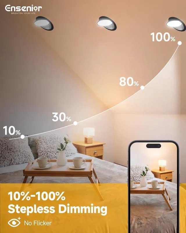 Alt view image 4 of 7 - 4 Pack 6 Inch Black LED Eyeball Gimbal Recessed Light, 5CCT 360°+90° Rotatable, 10%-100% Dimmable, 2700K-5000K Selectable, 12W 1300LM, 90+CRI, 120V, 100° Beam, ETL&FCC&IC Certified