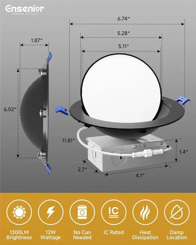 Alt view image 5 of 7 - 4 Pack 6 Inch Black LED Eyeball Gimbal Recessed Light, 5CCT 360°+90° Rotatable, 10%-100% Dimmable, 2700K-5000K Selectable, 12W 1300LM, 90+CRI, 120V, 100° Beam, ETL&FCC&IC Certified