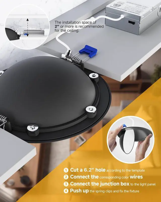 Alt view image 6 of 7 - 4 Pack 6 Inch Black LED Eyeball Gimbal Recessed Light, 5CCT 360°+90° Rotatable, 10%-100% Dimmable, 2700K-5000K Selectable, 12W 1300LM, 90+CRI, 120V, 100° Beam, ETL&FCC&IC Certified