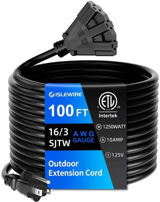 Main image of 100 FT 3 Outlet Outdoor Extension Cord Waterproof, 16/3 SJTW Black Extension Cord with Multiple Outlets, Heavy Duty 16 Gauge 3-Prong Grounded Power Cable for Garden and Home Use, ETL Listed