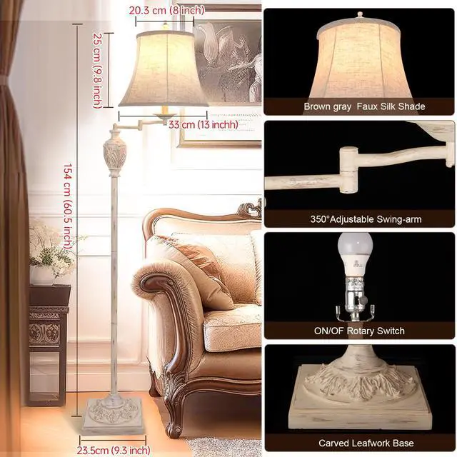 Alt view image 2 of 6 - Traditional LED Floor Lamp with 350° Adjustable Swing Arm Lamp Vintage Pole lamp Swing arm for Living Room, Bedroom and Office Rustic Upright Floor Light for Home Décor with Faux Silk Fabric Shade