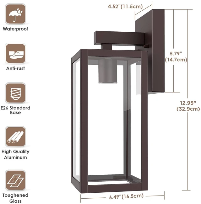 Alt view image 6 of 7 - Outdoor Wall Light Fixture, Exterior Waterproof Wall Lantern Porch Wall Sconce Dark Chocolate, Anti-Rust, E26 Socket, Clear Glass, Outside Wall Mount Light, Front Door Lighting for Patio