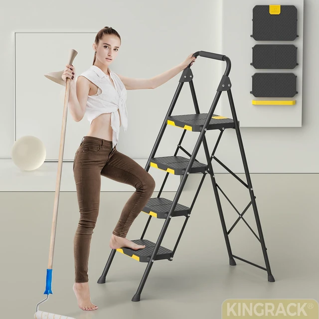 Alt view image 2 of 7 - 4 Step Ladder, Steel Step Stool with Safe-Lock, Load 800lbs, Black Sturdy Steel Step Stool Pass 800lbs Load Testing,Anti-Slip Wide Pedals,folding step ladder for Multi-Purpose, Home, Kitchen