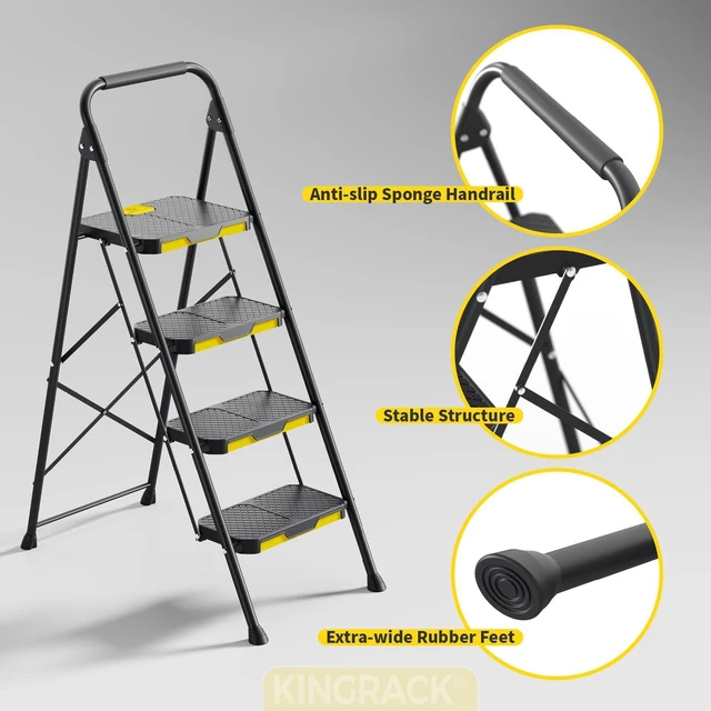 Alt view image 7 of 7 - 4 Step Ladder, Steel Step Stool with Safe-Lock, Load 800lbs, Black Sturdy Steel Step Stool Pass 800lbs Load Testing,Anti-Slip Wide Pedals,folding step ladder for Multi-Purpose, Home, Kitchen