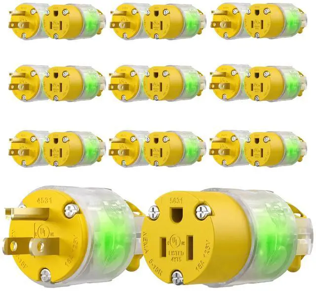 Main image of 10 Sets Lighted Extension Cord Ends Replacement Plug 3 Prong 15A 125V NEMA 5-15P*NEMA 5-15R, Electrical Replacement Plug, Male and Female Extension Cord Ends, 15 Amp Plug, UL Listed,Yellow