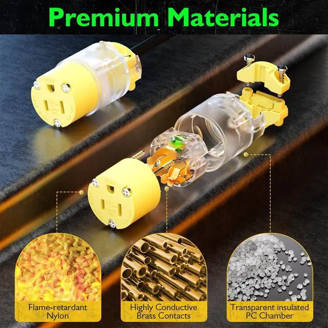 Alt view image 4 of 7 - 10 Sets Lighted Extension Cord Ends Replacement Plug 3 Prong 15A 125V NEMA 5-15P*NEMA 5-15R, Electrical Replacement Plug, Male and Female Extension Cord Ends, 15 Amp Plug, UL Listed,Yellow