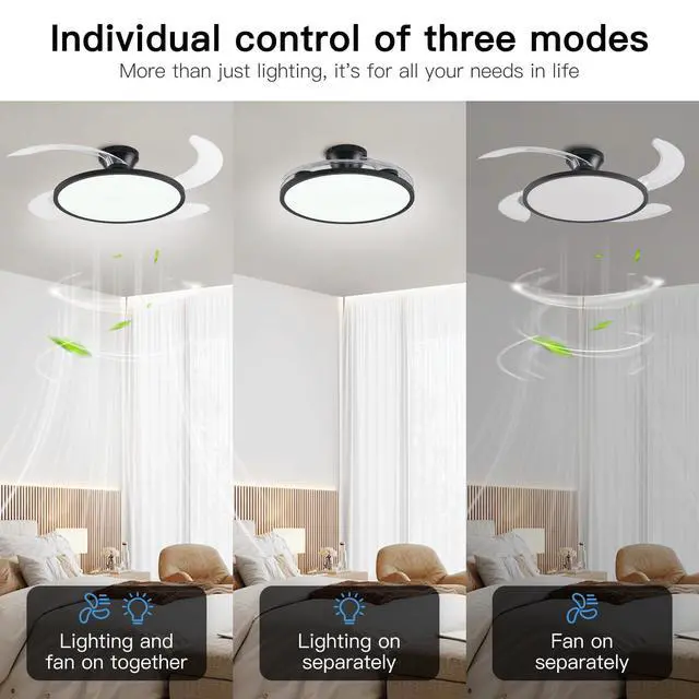 Alt view image 2 of 7 - Retractable Ceiling Fan with Lights Remote Control,42'' Low Profile Ceiling Fan with Retractable Blades,Dimmable Full Spectrum,Modern Fandelier for Living Room Dinning Room Bedroom,Black