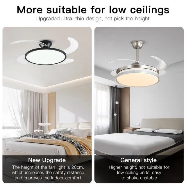 Alt view image 4 of 7 - Retractable Ceiling Fan with Lights Remote Control,42'' Low Profile Ceiling Fan with Retractable Blades,Dimmable Full Spectrum,Modern Fandelier for Living Room Dinning Room Bedroom,Black