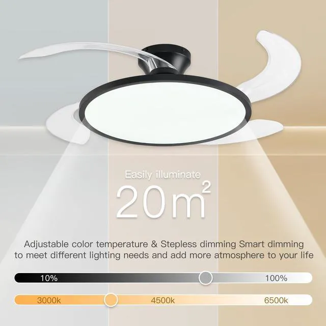 Alt view image 5 of 7 - Retractable Ceiling Fan with Lights Remote Control,42'' Low Profile Ceiling Fan with Retractable Blades,Dimmable Full Spectrum,Modern Fandelier for Living Room Dinning Room Bedroom,Black