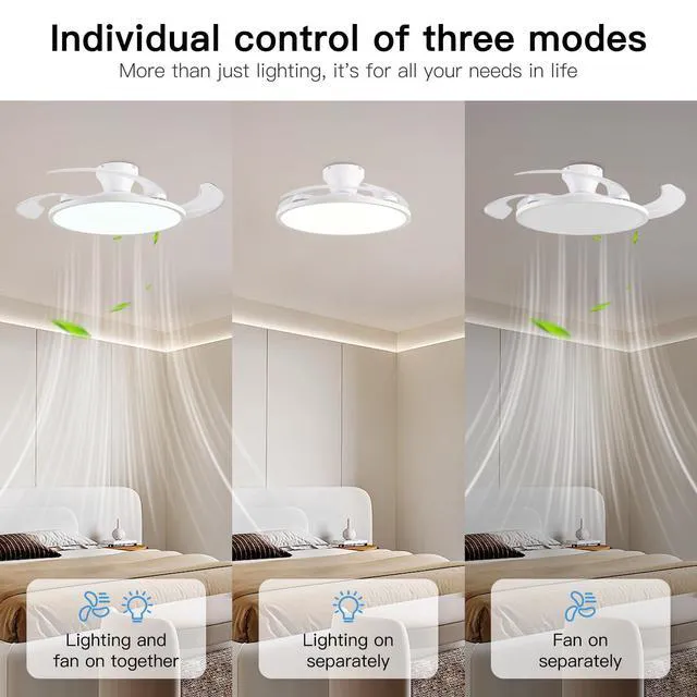Alt view image 2 of 7 - Retractable Ceiling Fan with Lights,42 Inch Low Profile Ceiling Fan with Remote Control,Retractable Blades,Dimmable Full Spectrum,Modern Fandelier for Bedroom Living Room Dinning Room,White