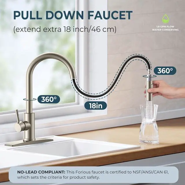 Alt view image 2 of 7 - Kitchen Faucet with Soap Dispenser, Brushed Nickel Single Handle No-Lead Stainless Steel Sink Faucet with Pull Down Sprayer, 1 or 3 Holes Deck Plate, High Arc Fit for Bar Farmhouse Laundry