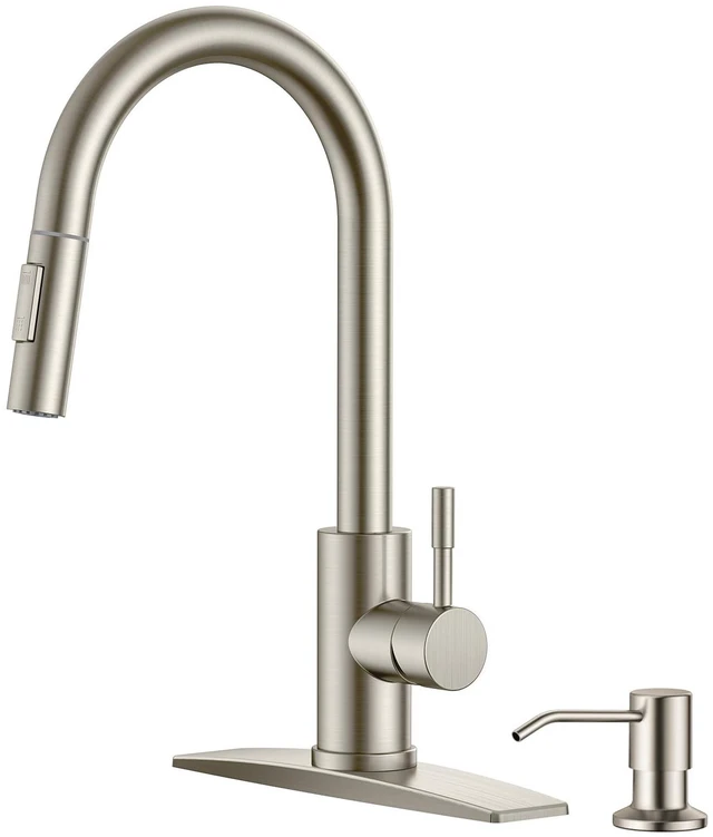 Main image of Kitchen Faucet with Soap Dispenser, Brushed Nickel Single Handle No-Lead Stainless Steel Sink Faucet with Pull Down Sprayer, 1 or 3 Holes Deck Plate, High Arc Fit for Bar Farmhouse Laundry