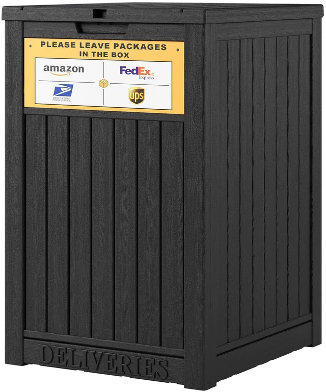 Main image of Package Delivery Box for Outside, Black with Sign, Secure Lockable, Waterproof, Resin, for Porch & Garden