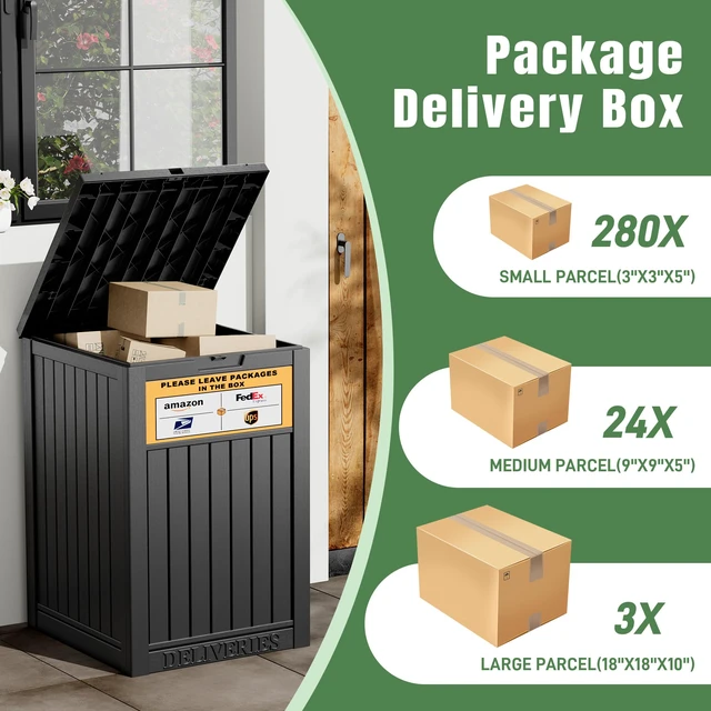 Alt view image 4 of 7 - Package Delivery Box for Outside, Black with Sign, Secure Lockable, Waterproof, Resin, for Porch & Garden
