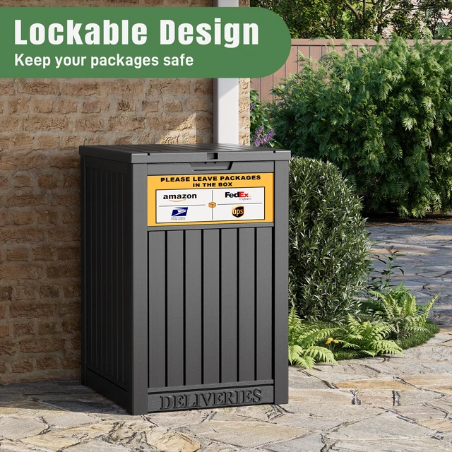 Alt view image 3 of 7 - Package Delivery Box for Outside, Black with Sign, Secure Lockable, Waterproof, Resin, for Porch & Garden