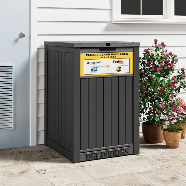 Alt view image 6 of 7 - Package Delivery Box for Outside, Black with Sign, Secure Lockable, Waterproof, Resin, for Porch & Garden