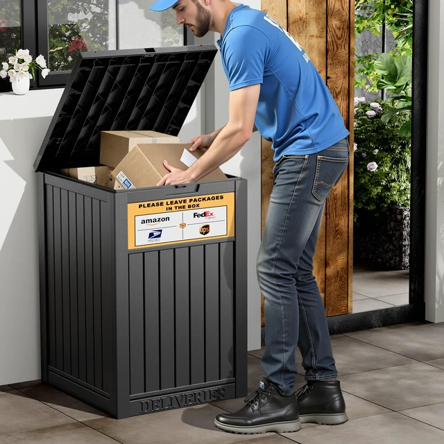 Alt view image 7 of 7 - Package Delivery Box for Outside, Black with Sign, Secure Lockable, Waterproof, Resin, for Porch & Garden