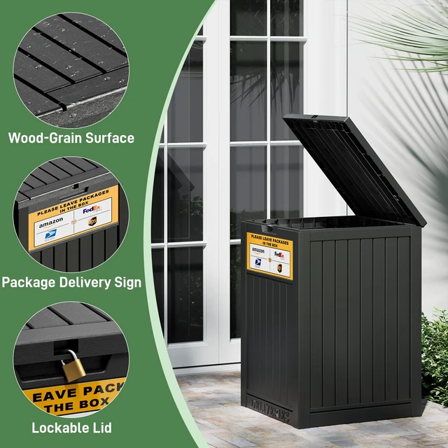 Alt view image 5 of 7 - Package Delivery Box for Outside, Black with Sign, Secure Lockable, Waterproof, Resin, for Porch & Garden