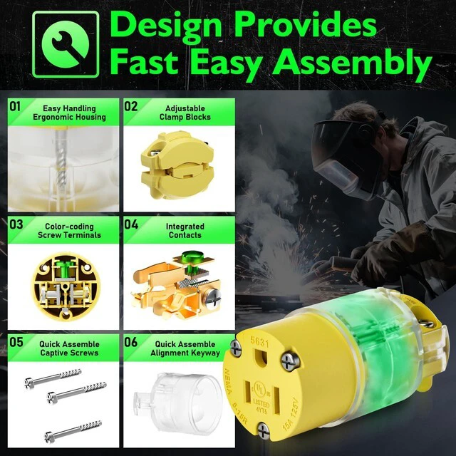 Alt view image 5 of 7 - 10 Sets Lighted Extension Cord Ends Replacement Plug 3 Prong 15A 125V NEMA 5-15P*NEMA 5-15R, Electrical Replacement Plug, Male and Female Extension Cord Ends, 15 Amp Plug, UL Listed,Yellow