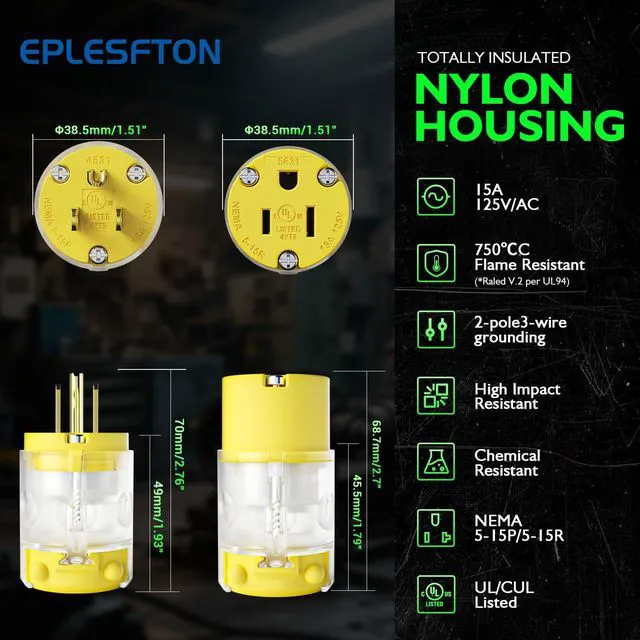 Alt view image 7 of 7 - 10 Sets Lighted Extension Cord Ends Replacement Plug 3 Prong 15A 125V NEMA 5-15P*NEMA 5-15R, Electrical Replacement Plug, Male and Female Extension Cord Ends, 15 Amp Plug, UL Listed,Yellow