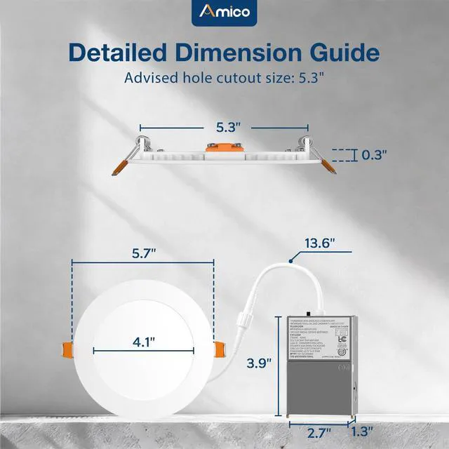 Alt view image 4 of 7 - 12 Pack 5 Inch 5CCT Ultra-Thin LED Canless Recessed Ceiling Light 2700K/3000K/3500K/4000K/5000K Selectable, 11W=75W, 900LM High Brightness, Dimmable Wafer Downlight with Junction Box, ETL&FCC