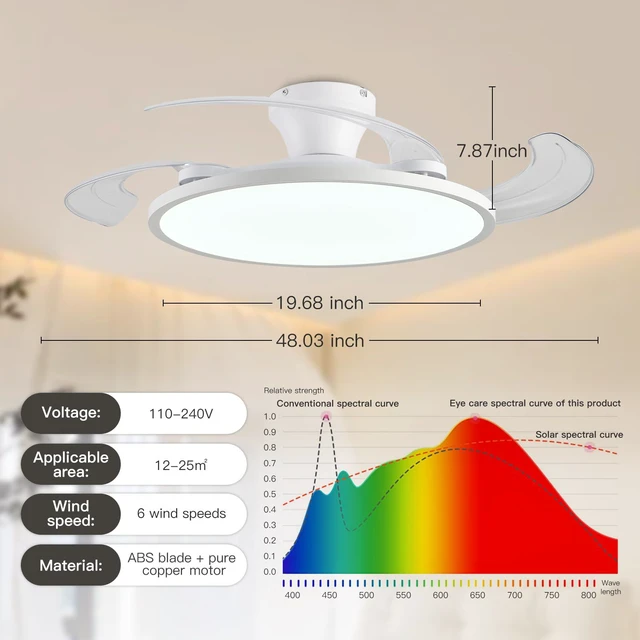 Alt view image 3 of 7 - Retractable Ceiling Fan with Lights,42 Inch Low Profile Ceiling Fan with Remote Control,Retractable Blades,Dimmable Full Spectrum,Modern Fandelier for Bedroom Living Room Dinning Room,White