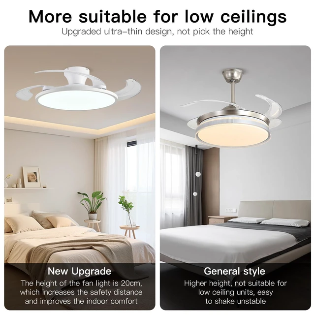 Alt view image 4 of 7 - Retractable Ceiling Fan with Lights,42 Inch Low Profile Ceiling Fan with Remote Control,Retractable Blades,Dimmable Full Spectrum,Modern Fandelier for Bedroom Living Room Dinning Room,White