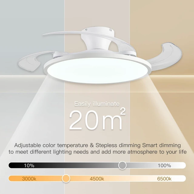 Alt view image 5 of 7 - Retractable Ceiling Fan with Lights,42 Inch Low Profile Ceiling Fan with Remote Control,Retractable Blades,Dimmable Full Spectrum,Modern Fandelier for Bedroom Living Room Dinning Room,White