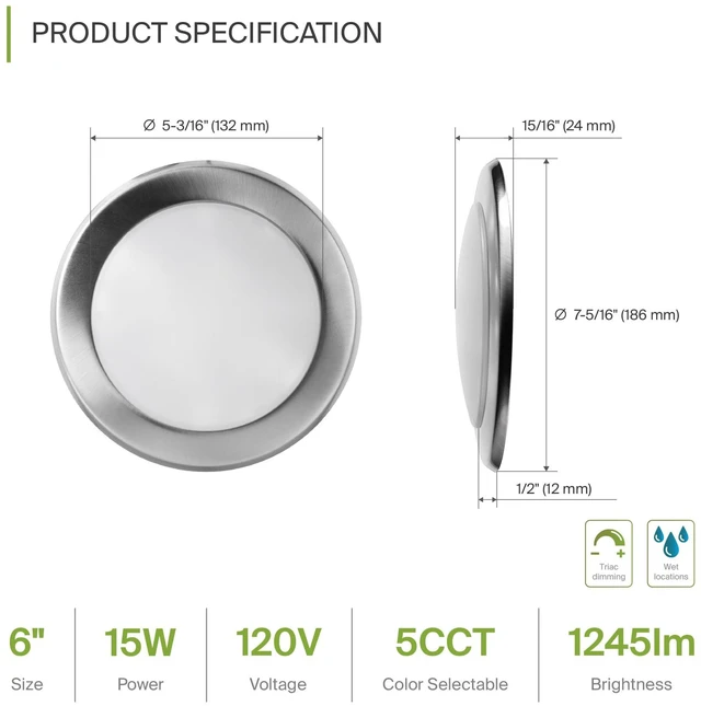 Alt view image 2 of 7 - 12 Pack Nickel LED Disk Lights 6 Inch, 5CCT Flush Mount Ceiling Light 15W 2700K-5000K 1245LM Dimmable Surface Mount Disk Light, 6 Inch LED Ceiling Light, Low Profile Disc Lights, UL Energy Star
