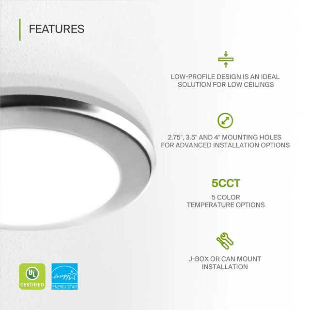 Alt view image 3 of 7 - 12 Pack Nickel LED Disk Lights 6 Inch, 5CCT Flush Mount Ceiling Light 15W 2700K-5000K 1245LM Dimmable Surface Mount Disk Light, 6 Inch LED Ceiling Light, Low Profile Disc Lights, UL Energy Star