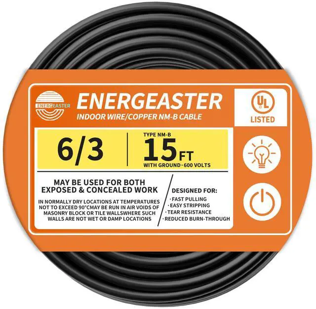 Main image of Stranded Indoor 6/3 NM-B Copper Cable with Ground 15FT, Black 15FT NMB Cable 6 Gauge Wire 3 Conductors 600V Bare Copper Non-Metallic Sheathed Stranded Indoor Residential Wire, UL Listed