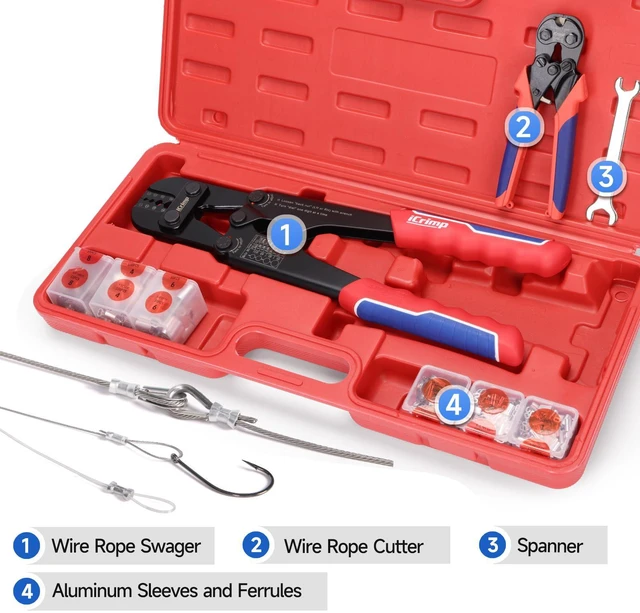 Alt view image 2 of 7 - iCrimp 1608M4 Wire Rope Crimper Kit, 3/64"1/8", with Cutter & Sleeves All in one storage case, kit contains crimper, cutter up to 3.5mm, 330 aluminum sleeves and 45 stainless steel thimbles