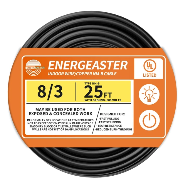 Main image of Stranded Indoor 8/3 NM-B Copper Cable with Ground 25FT, Black 25FT NMB Cable 8 Gauge Wire 3 Conductors 600V Bare Copper Non-Metallic Sheathed Stranded Indoor Residential Electrical Wire