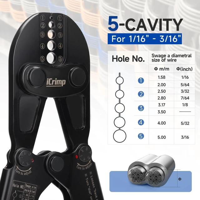 Alt view image 3 of 7 - iCrimp IWS-1608B Wire Rope Crimper, 1/16" to 3/16" 5 Dies High carbon steel swaging tool for aluminum oval, stop, loop & crimp ferrules; ideal for railing, cable & fishing
