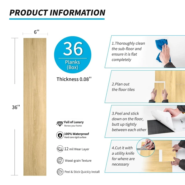 Alt view image 4 of 7 - 36-Pack Wood Grain Peel and Stick Vinyl Flooring Tiles, Aspen Yellow 18 & 54 sq.ft Options, Rigid Surface Hard Core, Waterproof, Self-Adhesive, Impact Resistant, Fit Indoor Household Spaces