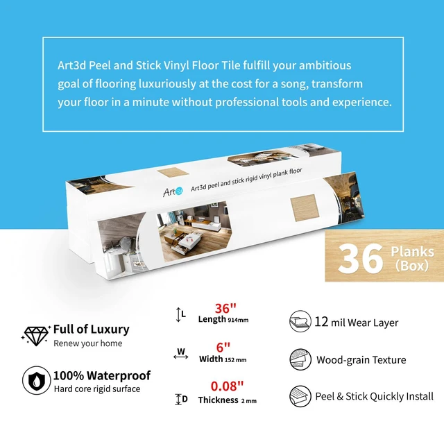 Alt view image 5 of 7 - 36-Pack Wood Grain Peel and Stick Vinyl Flooring Tiles, Aspen Yellow 18 & 54 sq.ft Options, Rigid Surface Hard Core, Waterproof, Self-Adhesive, Impact Resistant, Fit Indoor Household Spaces