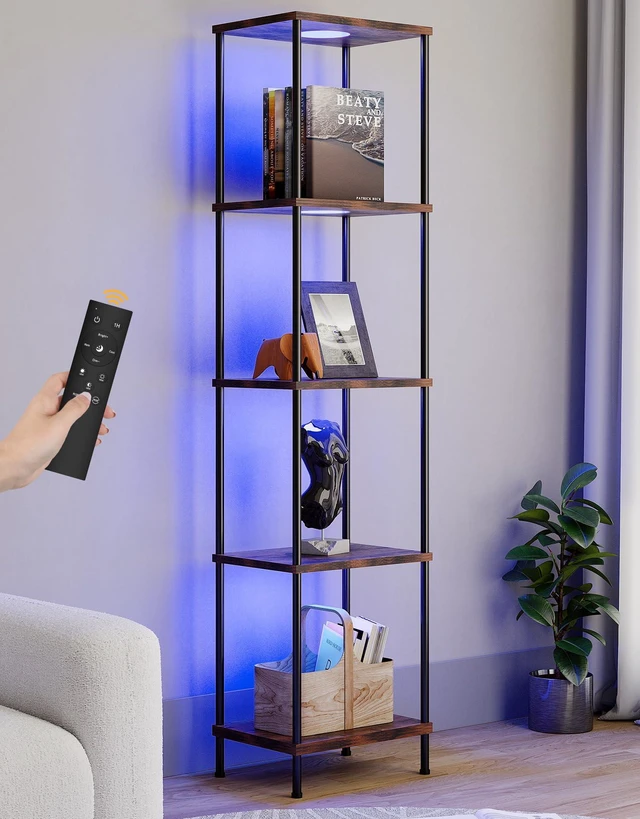 Main image of Display Shelf with RGBW Light, Color Changing Curio Cabinet Floor Lamp with Shelves Corner Standing Column Lamp Etagere Organizer Tower Nightstand Bookcase for Living Room Bedroom Office Décor, Brown