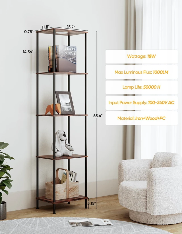 Alt view image 2 of 7 - Display Shelf with RGBW Light, Color Changing Curio Cabinet Floor Lamp with Shelves Corner Standing Column Lamp Etagere Organizer Tower Nightstand Bookcase for Living Room Bedroom Office Décor, Brown