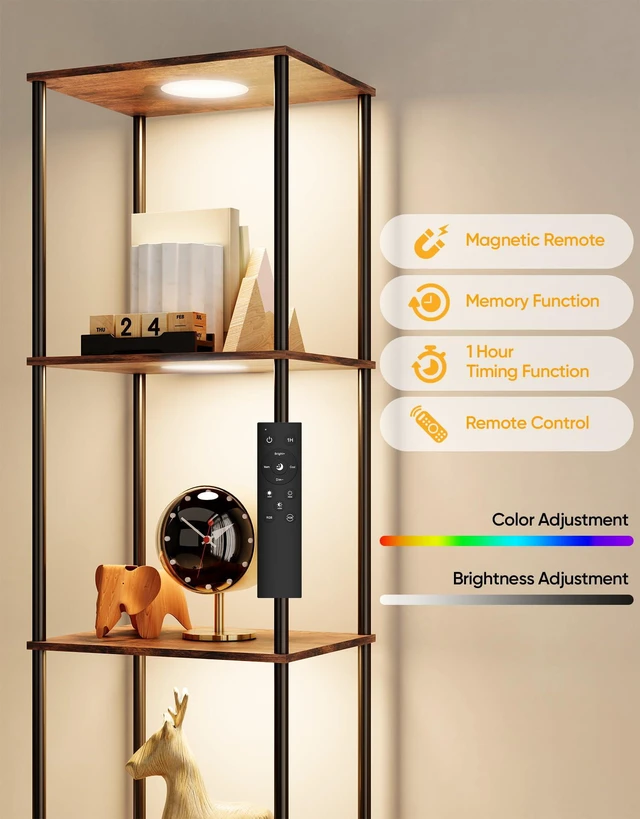 Alt view image 3 of 7 - Display Shelf with RGBW Light, Color Changing Curio Cabinet Floor Lamp with Shelves Corner Standing Column Lamp Etagere Organizer Tower Nightstand Bookcase for Living Room Bedroom Office Décor, Brown
