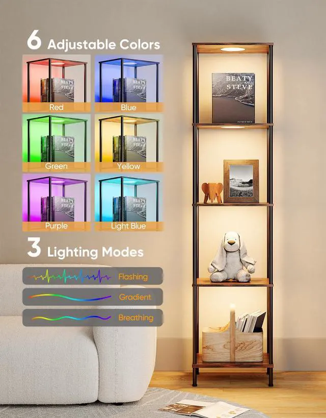 Alt view image 4 of 7 - Display Shelf with RGBW Light, Color Changing Curio Cabinet Floor Lamp with Shelves Corner Standing Column Lamp Etagere Organizer Tower Nightstand Bookcase for Living Room Bedroom Office Décor, Brown