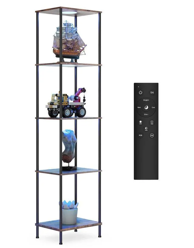Alt view image 6 of 7 - Display Shelf with RGBW Light, Color Changing Curio Cabinet Floor Lamp with Shelves Corner Standing Column Lamp Etagere Organizer Tower Nightstand Bookcase for Living Room Bedroom Office Décor, Brown