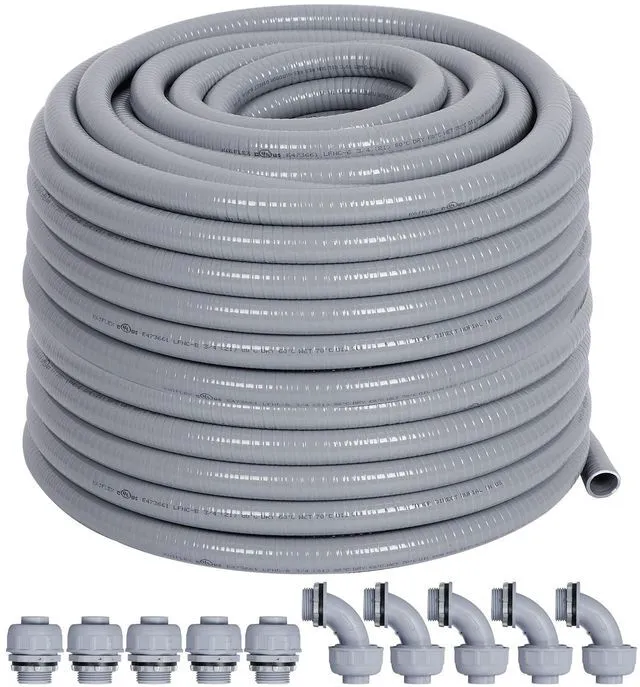 Main image of Liquid-Tight Conduit 1/2 100ft w/UL Certification Flexible Electrical Conduit with 5 Straight and 5 90-Degree Conduit Connector Fittings