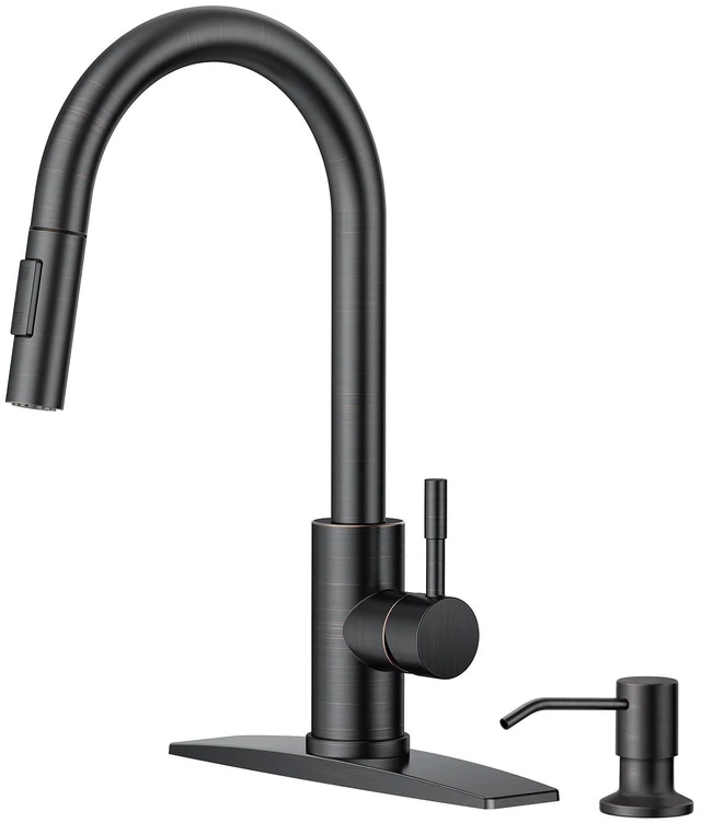 Main image of Kitchen Sink Faucet with Soap Dispenser, Oil Rubbed Bronze High Arc No-Lead Stainless Steel High Arc Faucet with Pull Down Sprayer, with Deck Plate, Fit for Bar Farmhouse Laundry Rv Outdoor
