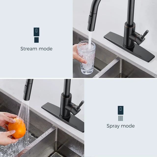 Alt view image 3 of 7 - Kitchen Faucet with Pull Down Sprayer, Oil Rubbed Bronze High Arc No-Lead Stainless Steel Sink Faucet, Single Handle, Dual Mode, with 1 or 3 Holes Deck Plate, Fit for Bar Farmhouse Outdoor Rv