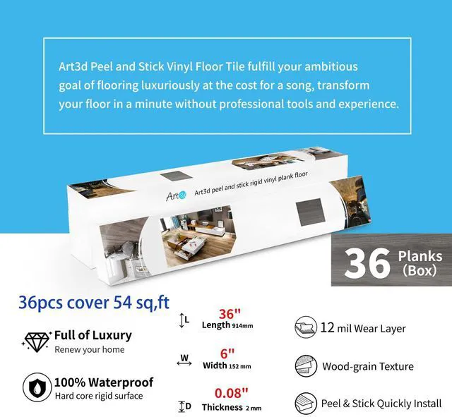 Alt view image 6 of 7 - 36-Pack Wood Texture Peel and Stick Vinyl Flooring Tiles, Deep Gray 18 & 54 sq.ft Options, Rigid Surface Hard Core, Waterproof, Self-Adhesive, Impact Resistant, Fit Indoor Household Spaces